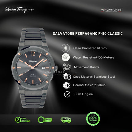 SALVATORE FERRAGAMO F-80 Quartz Classic Grey Dial Steel Strap Watch - SFDT01520