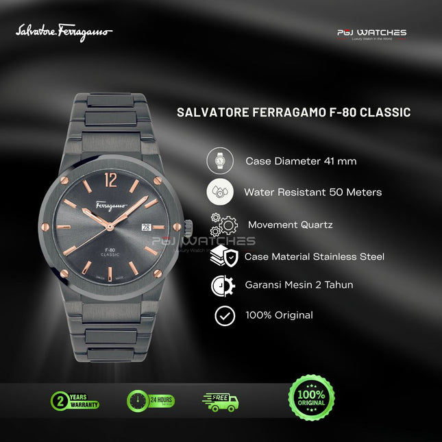 SALVATORE FERRAGAMO F-80 Quartz Classic Grey Dial Steel Strap Watch - SFDT01520