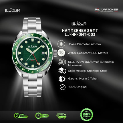 LE JOUR Hammerhead GMT Green Textured Dial - LJ-HH-GMT-003