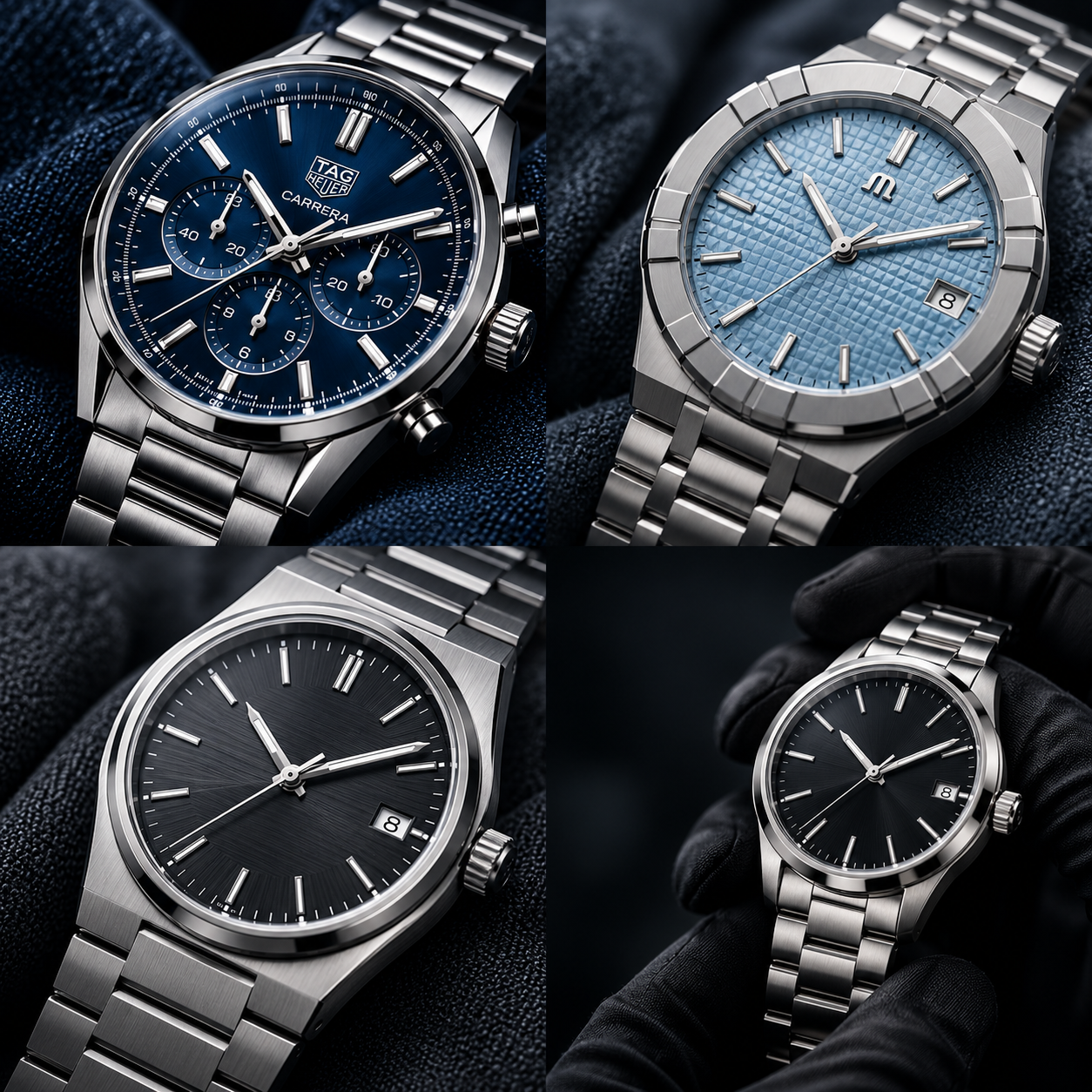 Ilustrasi editorial jam chronograph biru dengan tali stainless steel